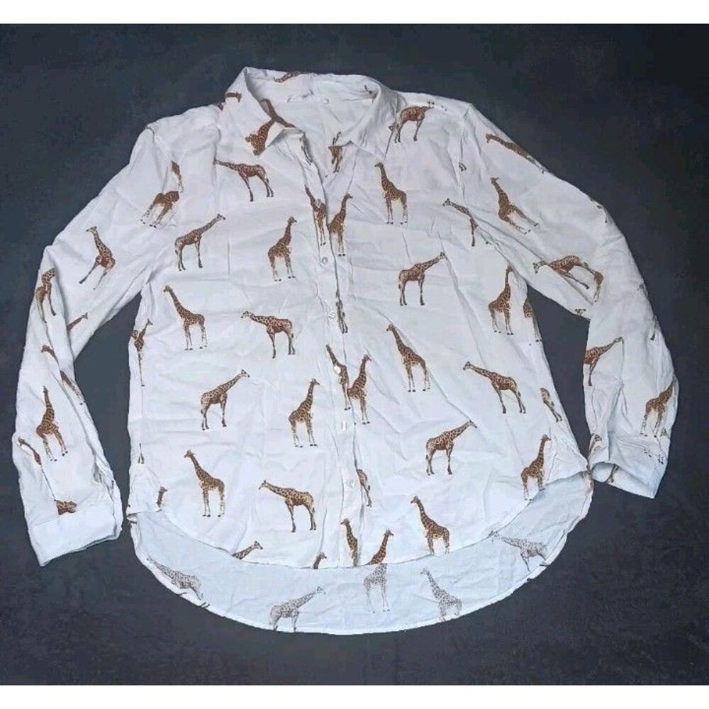 Jane Delancey Giraffe Print Linen Blend Button Up Safari Blouse M White Novelty